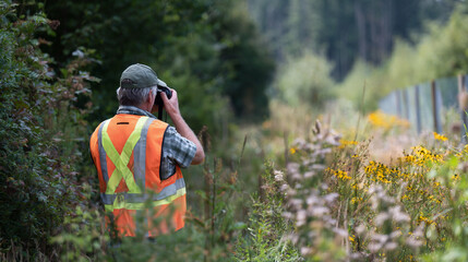 Professional Nature Photographer in Safety Vest Exploring Scenic Forest for Biodiversity Research and Nature Conservation