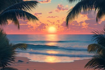 Idyllic Sunset Over Tropical Beach. Perfect Ocean and Palm Trees Vista for Serene Vacation Bliss