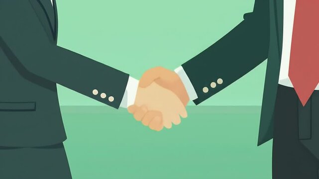 Pixel Art Animation of a Businessman and Businesswoman in Green Suits Shake Hands in Light Green Background