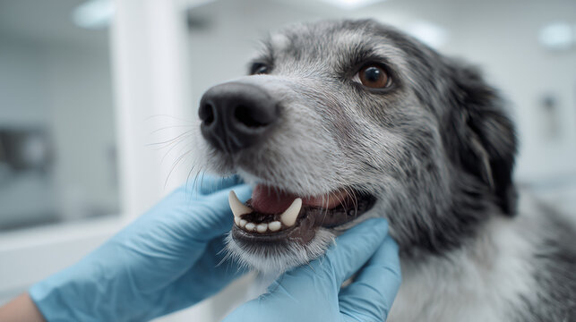 Close up profile shot of a black and white mongrel dog and the veterinarian. Doctor in blue gloves is holding dog's head, doing check up, looking at the teeth