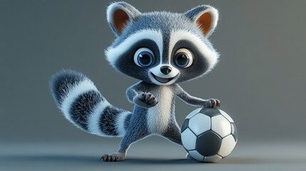 Obraz premium Adorable cartoon raccoon playing with a soccer ball.