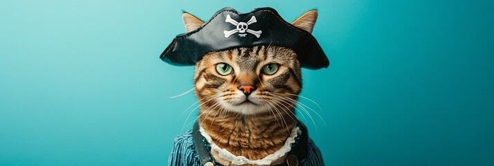 Tabby cat wearing a pirate costume against a blue background.