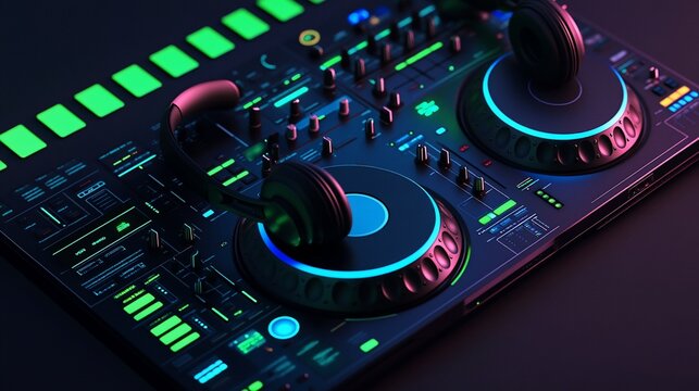 DJ controller with headphones, neon lights, dark background.