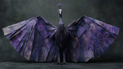 Purple origami peacock with wings outstretched against a dark background.