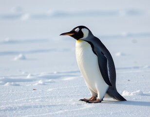 A solitary emperor penguin stands on snowy ice under clear daylight in a cold, polar environment.