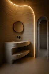 Innovative modern bathroom interior with 3d concrete printing design and ambient lighting