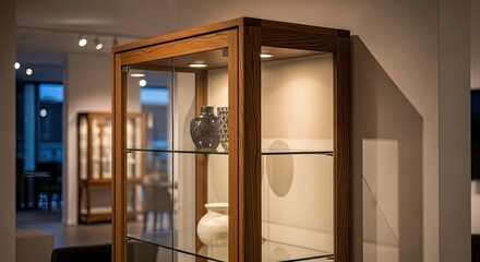 Wooden Display Cabinet With Glass Shelves Showcasing Decorative Vases Under Warm Interior Lighting