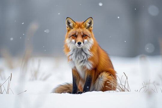 A red fox sits calmly in snowy surroundings, snowflakes gently falling, creating a serene winter wildlife scene.