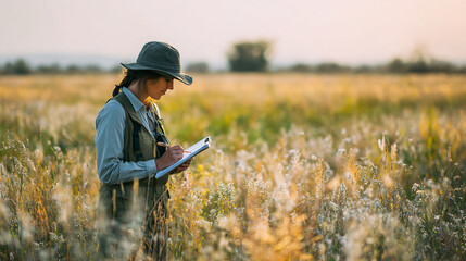 Nature Field Study: Woman Researching Ecology and Biodiversity at Sunset