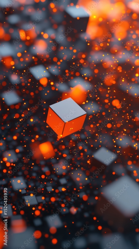 Poster Abstract floating cubes with glowing particles creating a surreal dimension