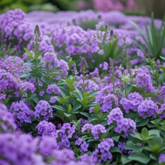 Obraz premium vibrant purple flowers blooming among green leaves in a peaceful garden