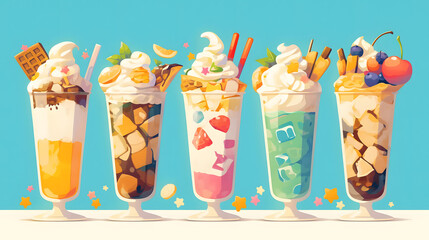 Vector Illustration of Five Milkshakes with Different Flavors and Garnishes, White Background, Clip Art Style