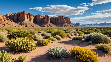 Colorful desert view showcasing bold rock structures and native desert plants beneath a bright sky.
