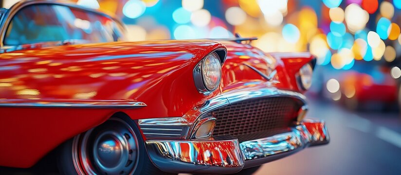 Classic red car at night, city bokeh background.