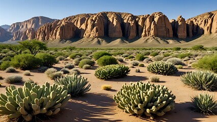 Sunny desert landscape with rugged rock outcrops and green desert shrubs scattered across sandy ground.