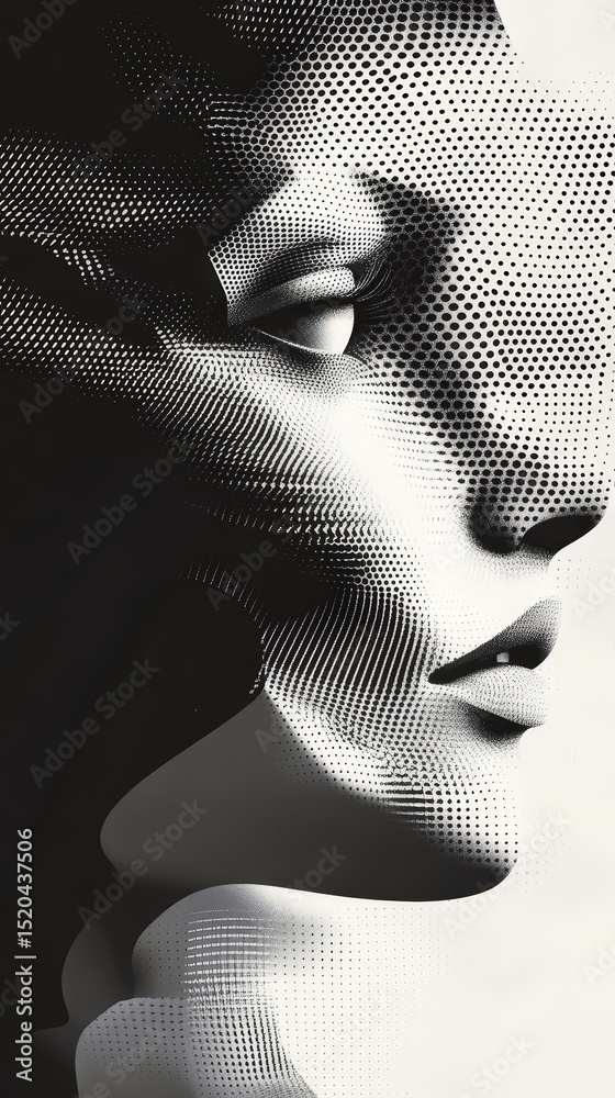 Poster abstract grayscale portrait featuring halftone patterns and diffused light effects