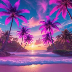 serene sunset beach with purple palm trees and pink sky