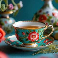 Fototapeta premium elegant tea cup and saucer with delicate flower pattern