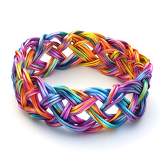 Artistic woven bracelet with freeflowing interlaced threads, vibrant and detailed, isolated on white background.
