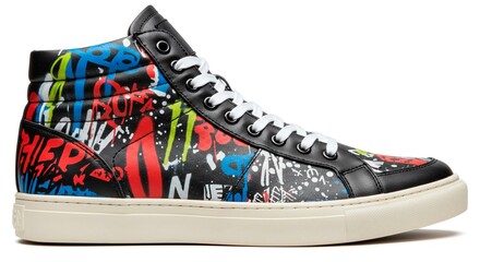 A high top sneaker with colorful graffiti design on a white background shoe