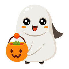 Obraz premium A cute, friendly ghost character holding a pumpkin candy bucket, perfect for Halloween themes.