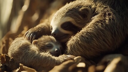 Obraz premium A mother sloth tenderly cradles her sleeping baby sloth amidst sun-dappled foliage.