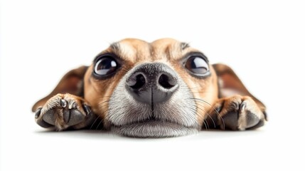 Close-up of a cute dog's face, resting paws on a white background.