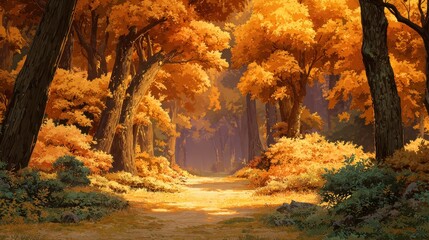 Golden Autumn Forest Path Sunlight Through Trees