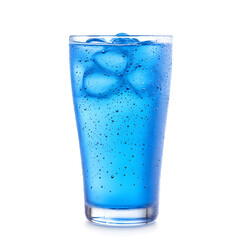 Blue drink in tall glass with condensation, isolated on white background. 