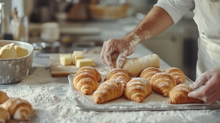 Baker's hands shaping croissants on a floured surface, with butter and dough visible.