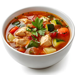 Bowl of chicken stew with hearty vegetables and rich broth, isolated on white background.