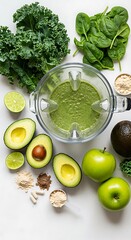 Fresh kale, spinach, avocado, and green apples arranged around a blender with powder supplements, shot from above with natural morning light highlighting textures.