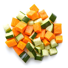 Carrot, zucchini, and sweet potato mix, fresh chopped vegetables vibrant in color, isolated on white background.