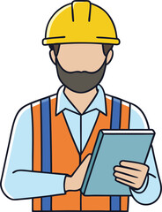 Cartoon illustration of a construction worker wearing a yellow safety helmet and orange vest holding a tablet. Ideal for engineering, inspection, or safety-themed design projects.