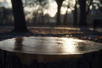Fototapeta premium Polished tree stump in autumnal park setting, sunlight reflecting on its surface