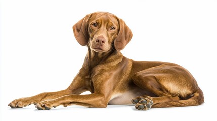 A reddish-brown Vizsla dog lies down on a white background, looking directly at the camera.