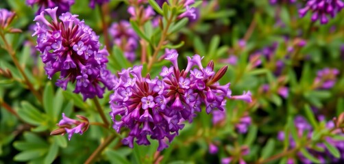 Obraz premium Delicate purple bell heather blossoms, Erica cinerea, against vibrant green foliage, heathland, detail