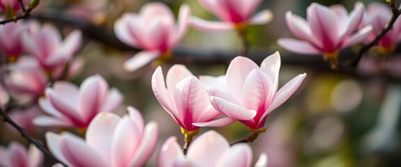 Obraz premium Dreamy close-up of delicate pink magnolia blossoms, soft focus, vertical , photography, macro