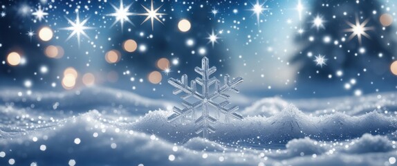 serene winter scene with scattered snow flakes on blue background