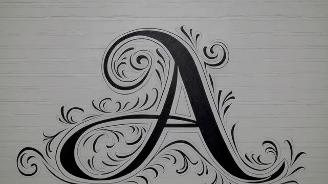 Ornate, flourished capital letter 'A' in dark ink against a textured, pale green background. Elegant calligraphy style