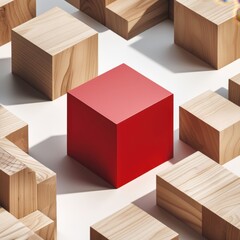 vibrant red cube standing out among wooden blocks illustration