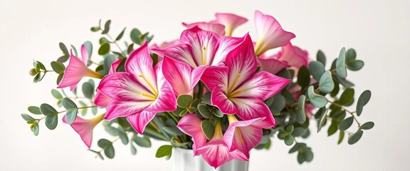 Obraz premium Elegant pink eustoma and eucalyptus bouquet in a vase on white, floral design, texture