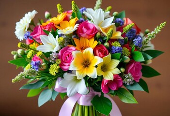 Elegant ribbon-tied bouquet of diverse flowers and lush green leaves, decorative floral arrangement, flowers, autumn