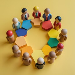 enchanting wooden people circle with blocks - unity and teamwork concept