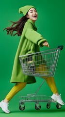 A woman in a vibrant lime green sweater and yellow leggings pushes a shopping cart.