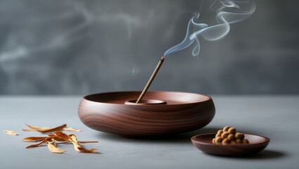 serene aromatherapy with incense sticks and peanuts in wooden bowls