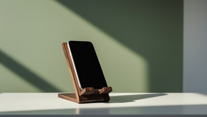 stylish modern cell phone display on wooden stand illustration