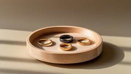 elegant wedding rings display in wooden bowl on table