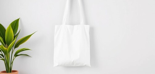 Empty white cotton tote bag mockup hanging on a wall , hanging bag, graphic design