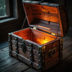 enchanting rustic wooden chest with warm candle glow